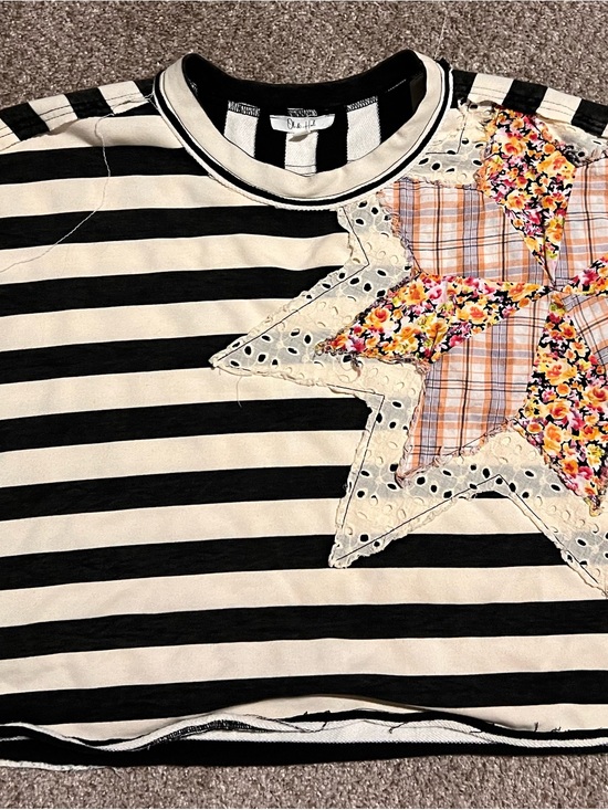 Oli & Hali Tops - Oli & Hali Black Cream Striped Artsy Oversized Patchwork Star Top